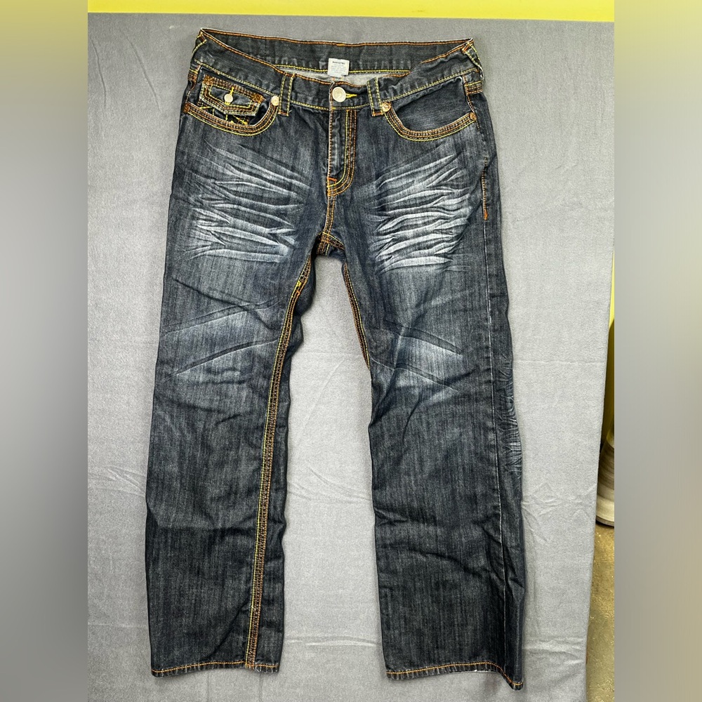 True Religion Jeans Mens 38x32 blue denim Stitch world tour USA (0106)